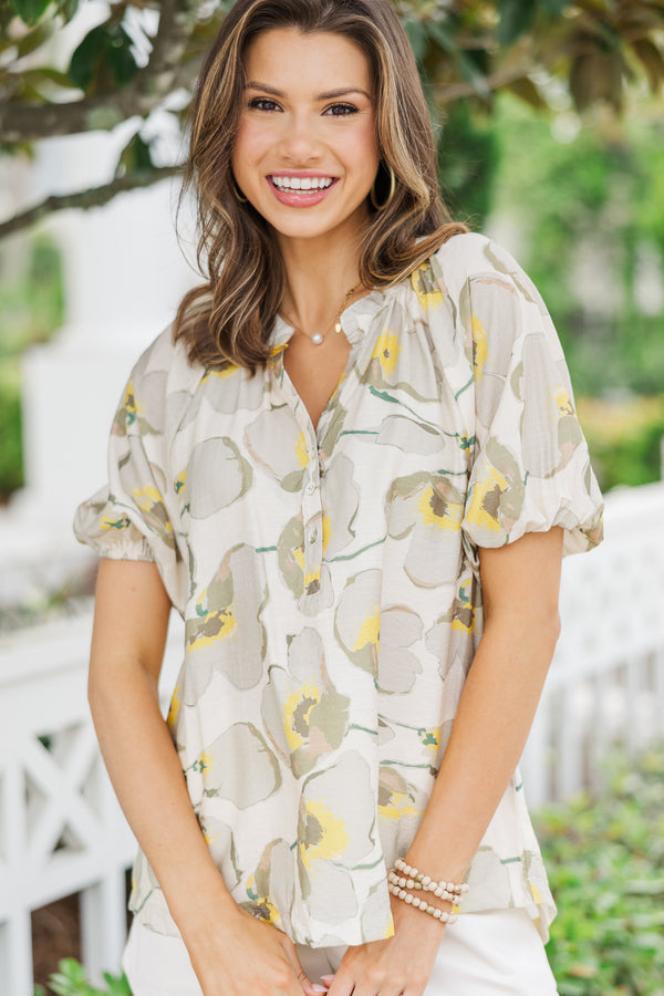 Make Things Happen Taupe Floral Blouse