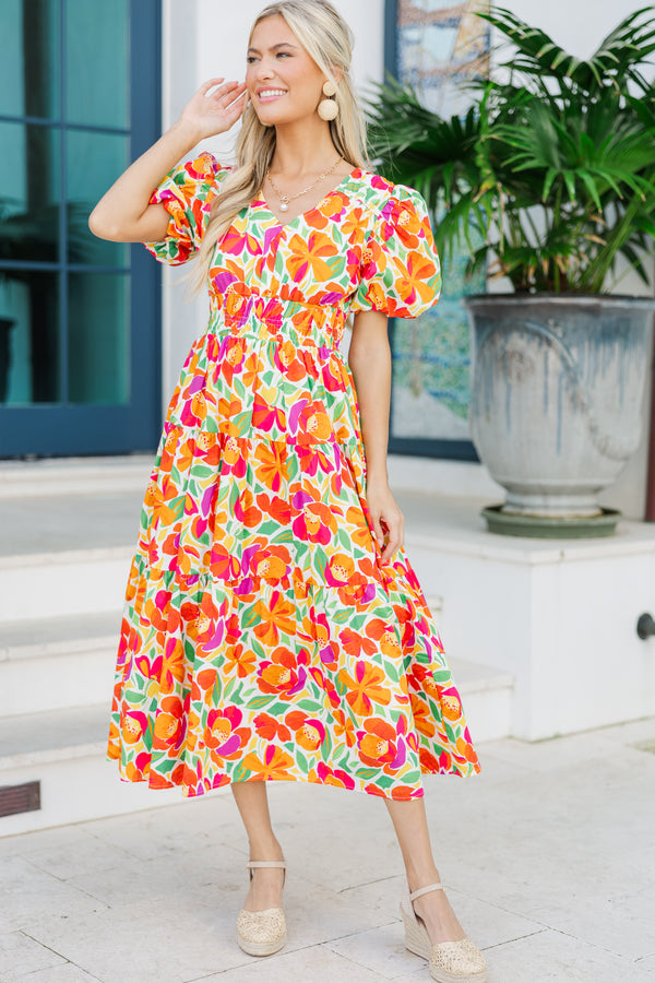 Fate: First Hand Coral Orange Floral Midi Dress Shop the Mint Fate: First Hand Coral Orange Floral Midi Dress Shop the Mint