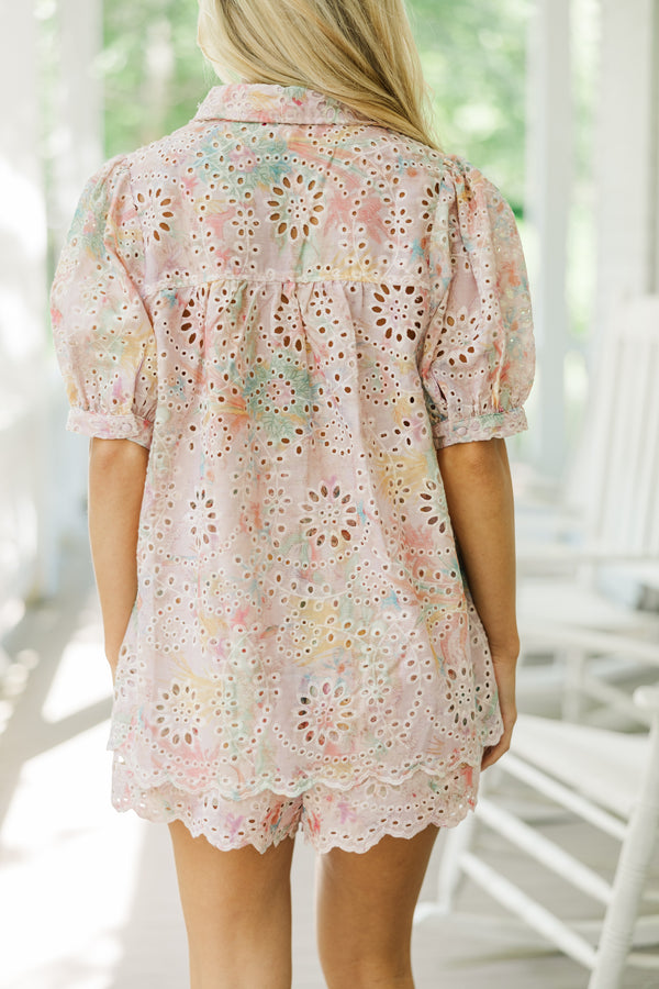 Just The Beginning Pink Eyelet Button Down Top