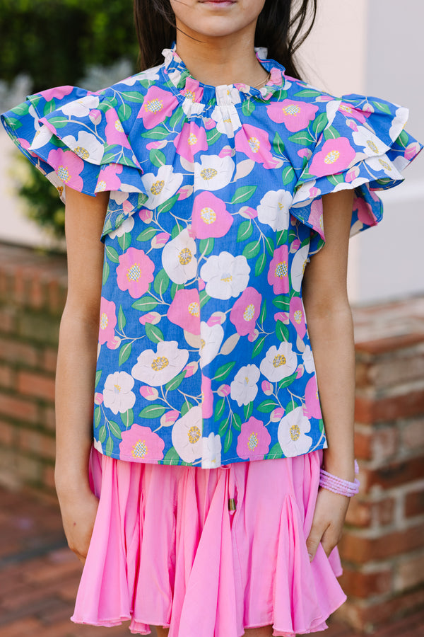 Girls: On My Heart Blue Floral Blouse