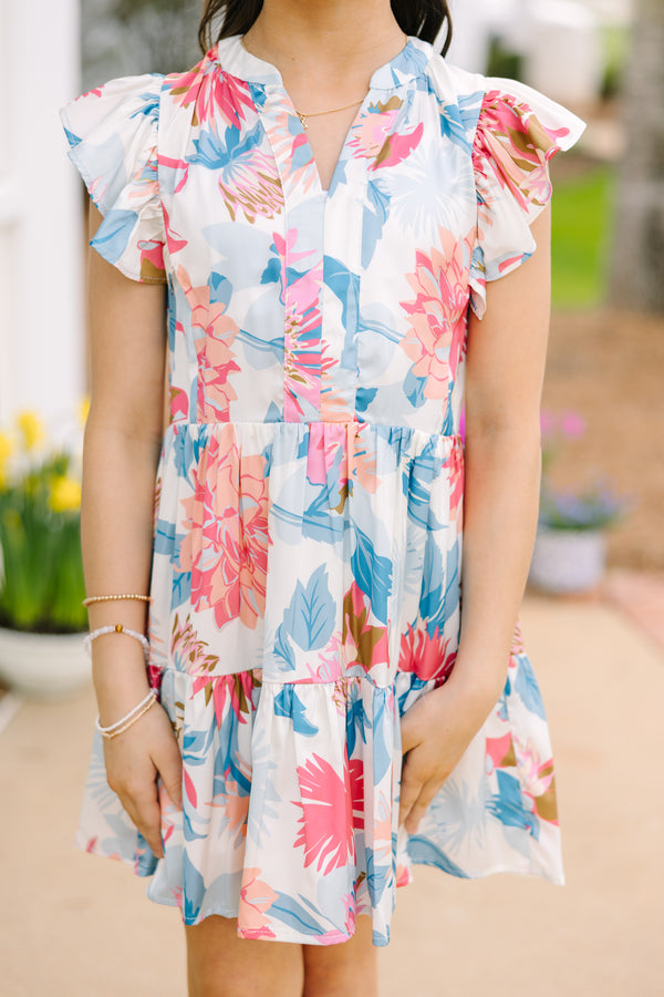 Girls: At This Time Blue Peach Combo Floral Dress