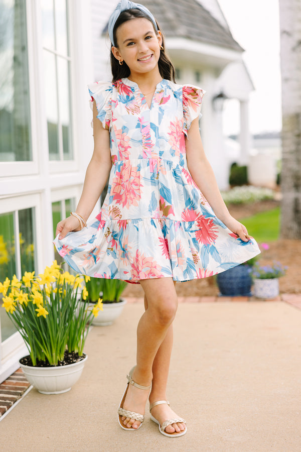Girls: At This Time Blue Peach Combo Floral Dress