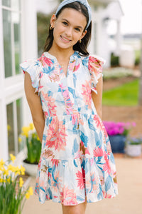 Girls: At This Time Blue Peach Combo Floral Dress