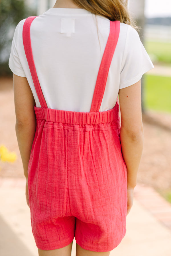 Girls: Let It All Go Coral Red Cotton Overalls
