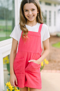 Girls: Let It All Go Coral Red Cotton Overalls