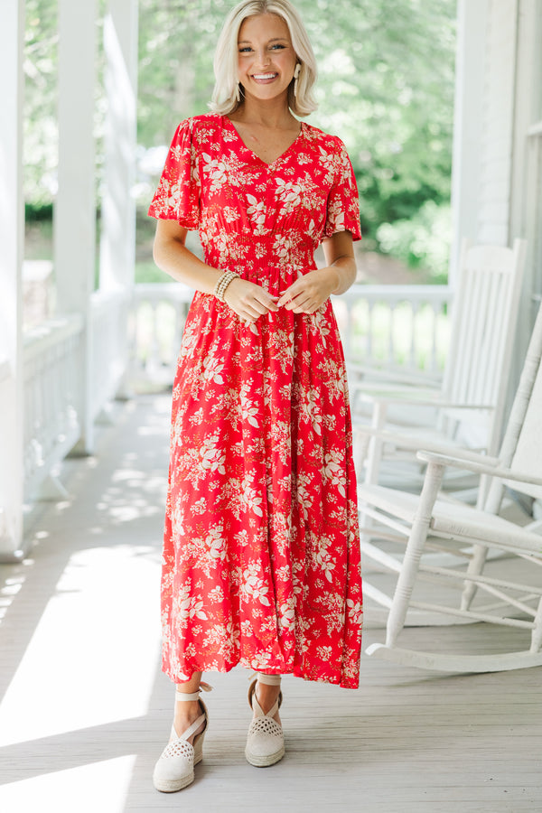 floral print red dress Kat | RED Placement Floral Print Plunge-Neck Maxi Dress