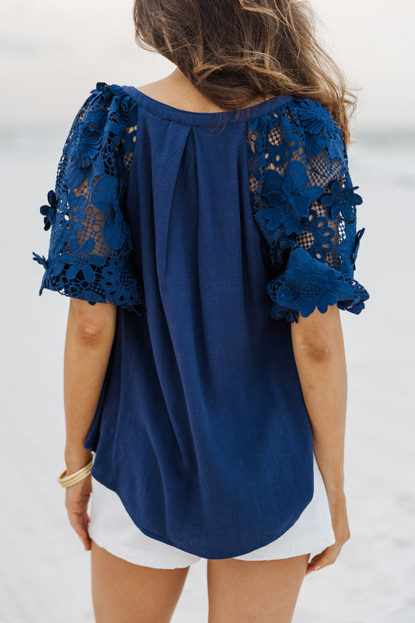 Look At You Now Navy Blue Crochet Blouse