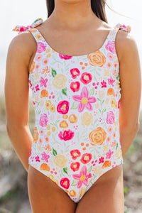 Girls: Somewhere On A Beach White Floral One Piece