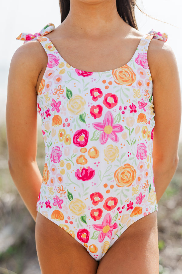 Girls: Somewhere On A Beach White Floral One Piece