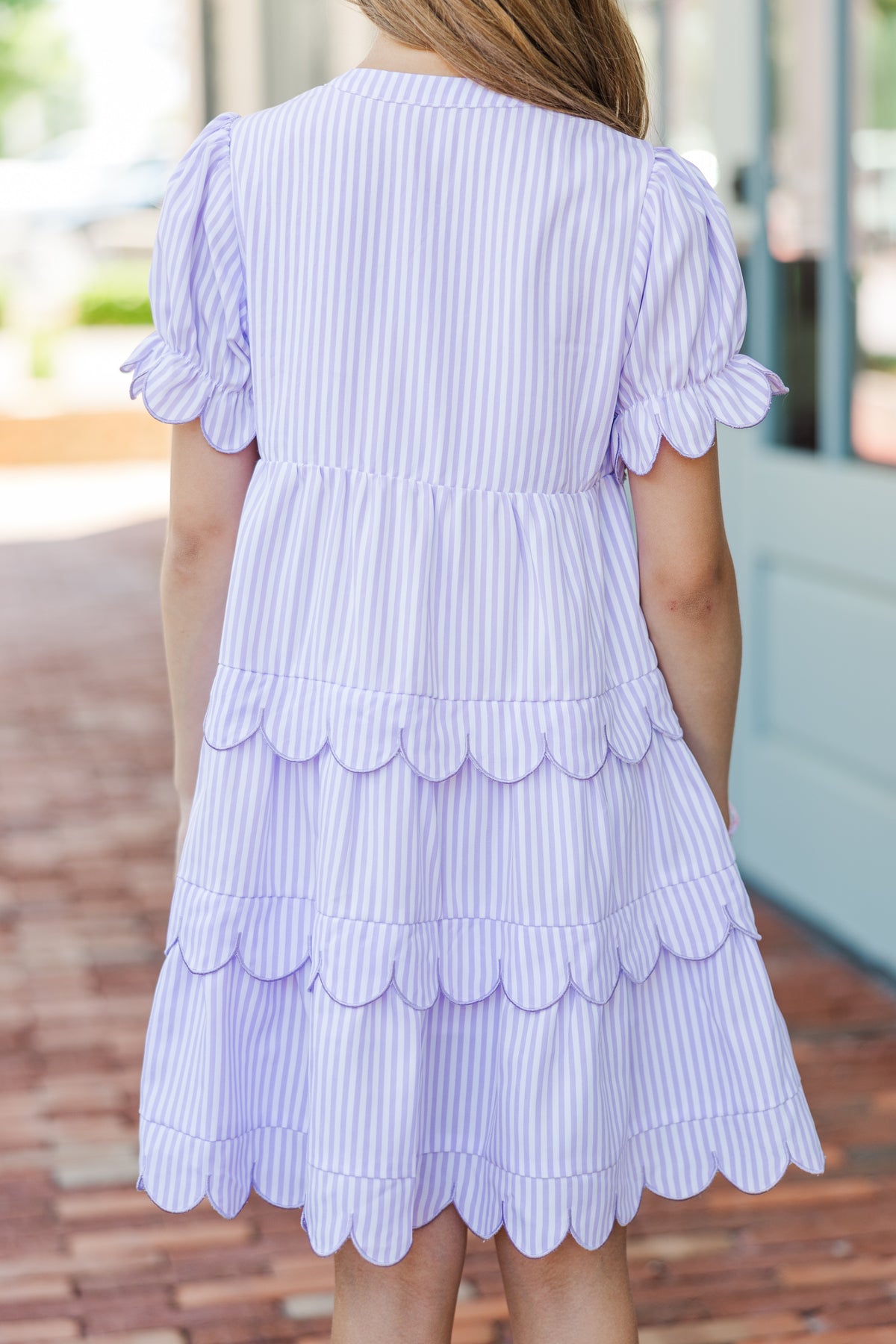 Dress Midi Lavender Purple White Striped Lined Cotton shops V-Neck