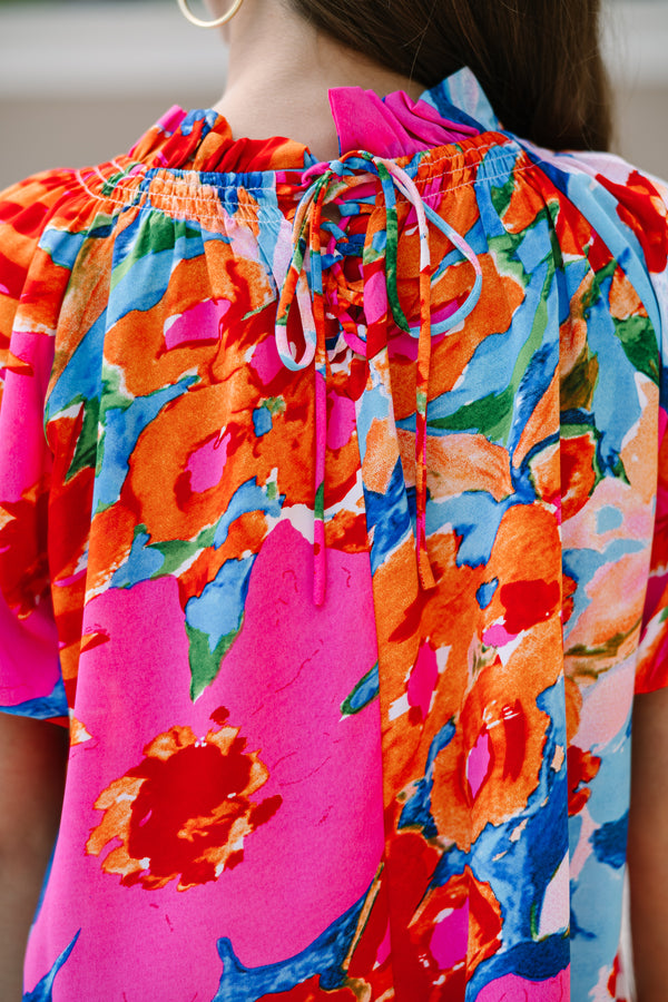 Feeling Fun Coral Floral Bubble Sleeve Blouse