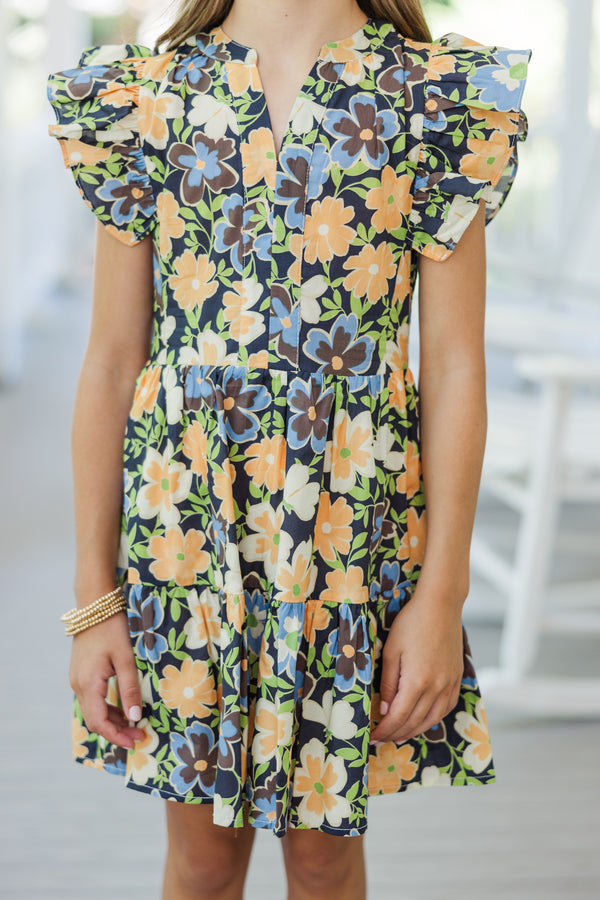 Girls: At This Time Navy Blue Ditsy Floral Dress