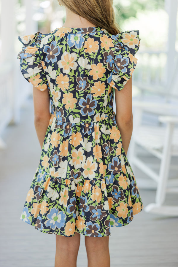 Girls: At This Time Navy Blue Ditsy Floral Dress