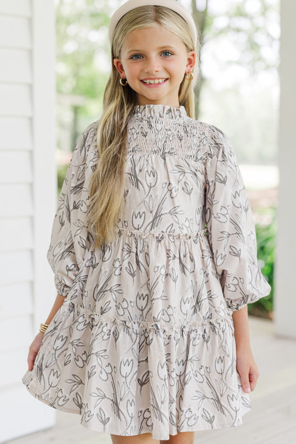 Girls: Be Your Best Taupe Brown Floral Babydoll Dress