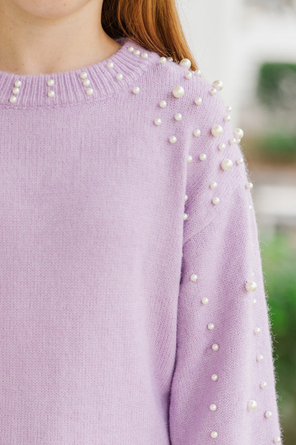 Girls: Can't Help But Love Lavender Purple Pearl Studded Sweater