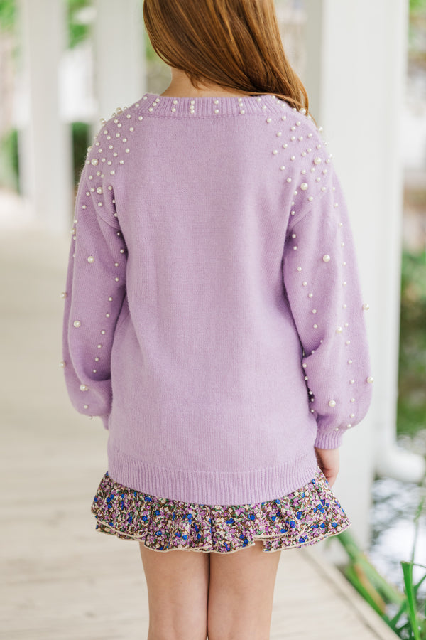 Girls: Can't Help But Love Lavender Purple Pearl Studded Sweater