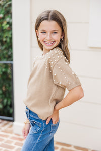 Girls: Tell Your Story Taupe Embellished Sweater