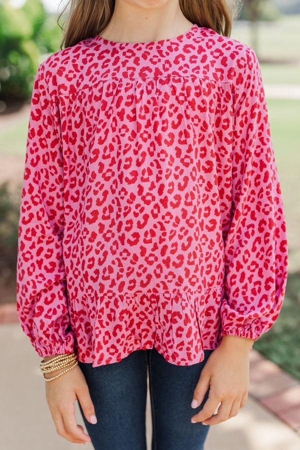 Girls: Feeling Blessed Pink Leopard Blouse