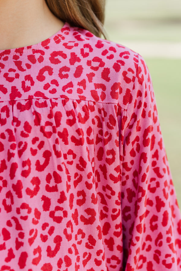 Girls: Feeling Blessed Pink Leopard Blouse