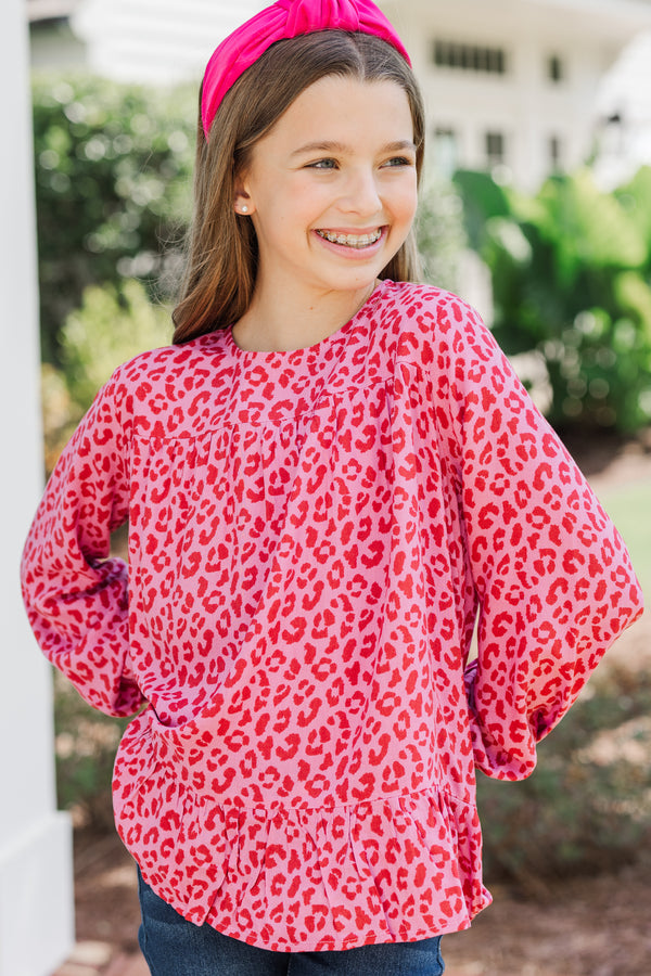 Girls: Feeling Blessed Pink Leopard Blouse