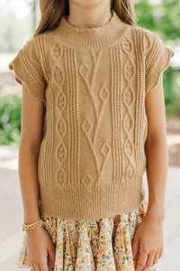 Girls: Get It Going Camel Cable Knit Sweater Top