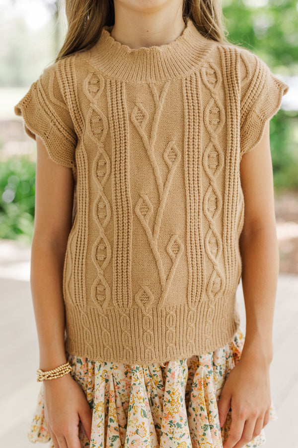 Girls: Get It Going Camel Cable Knit Sweater Top