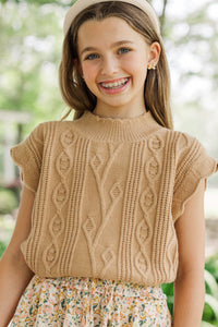 Girls: Get It Going Camel Cable Knit Sweater Top