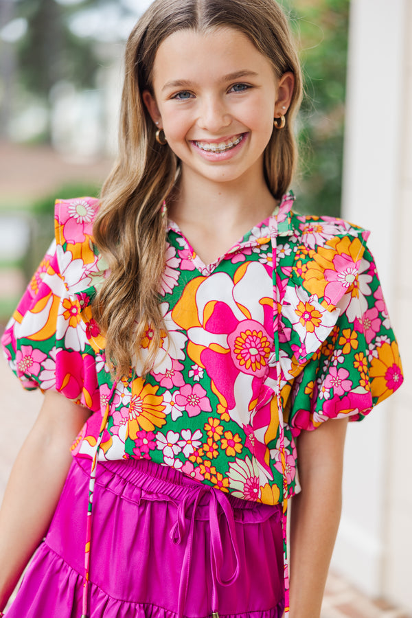 Girls: Get Ready Olive Green Floral Blouse