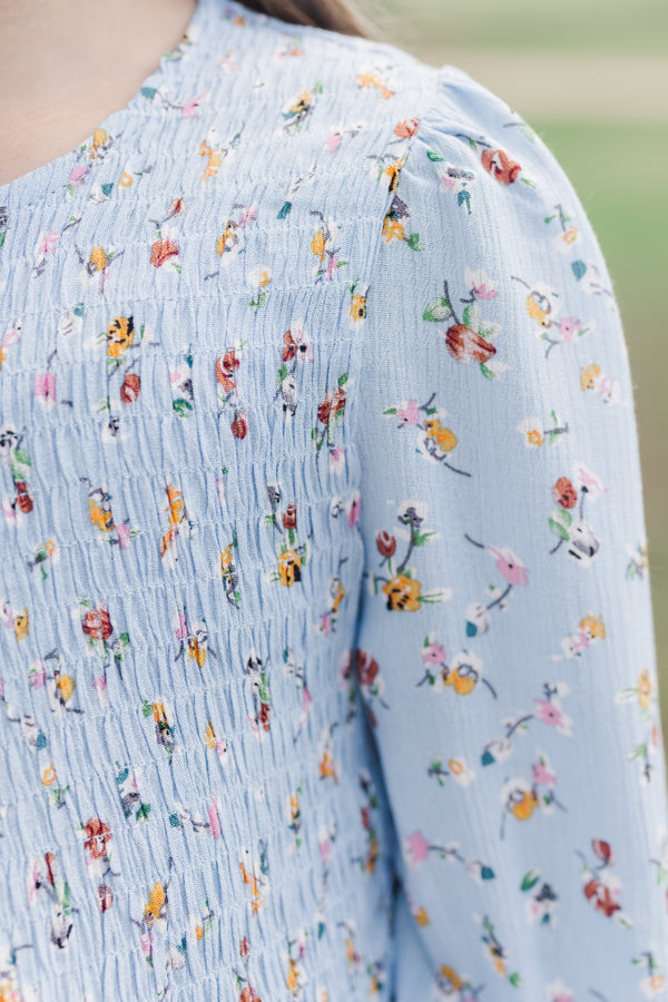 Girls: Getting Close Light Blue Ditsy Floral Blouse