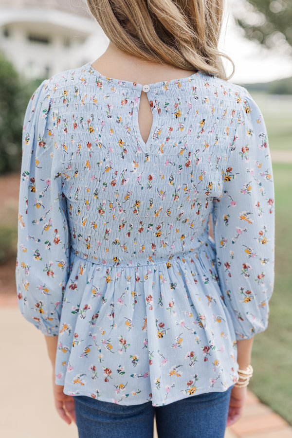 Girls: Getting Close Light Blue Ditsy Floral Blouse