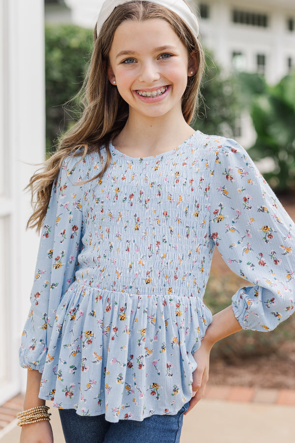 Girls: Getting Close Light Blue Ditsy Floral Blouse