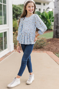 Girls: Getting Close Light Blue Ditsy Floral Blouse