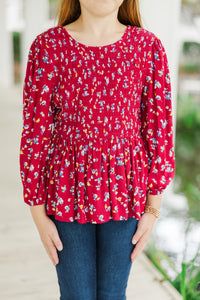 Girls: Getting Close Burgundy Red Ditsy Floral Blouse