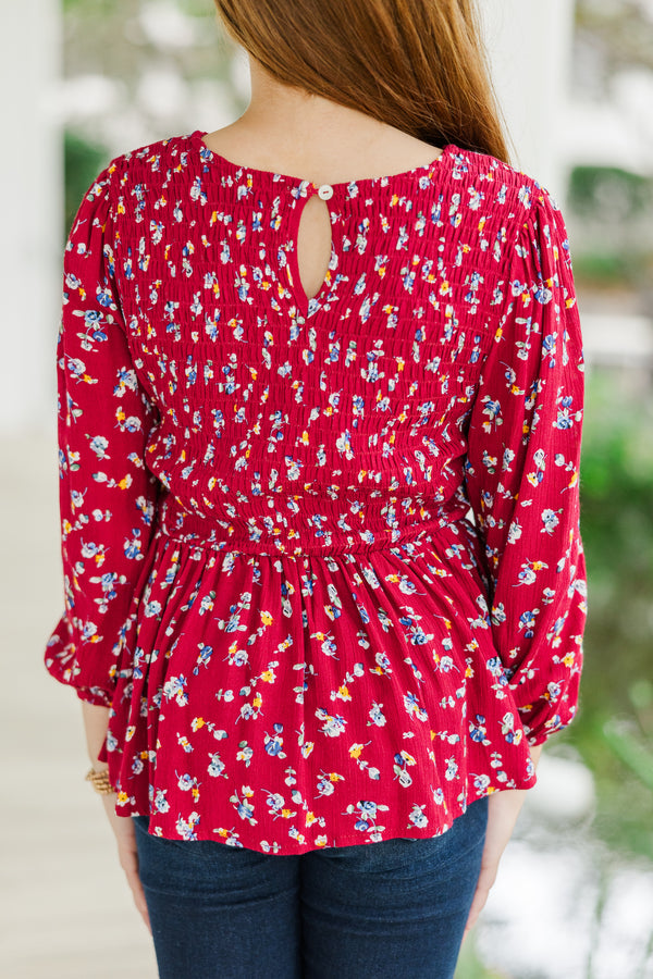 Girls: Getting Close Burgundy Red Ditsy Floral Blouse