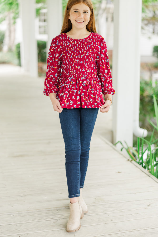 Girls: Getting Close Burgundy Red Ditsy Floral Blouse