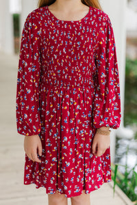 Girls: Getting Close Burgundy Red Ditsy Floral Dress