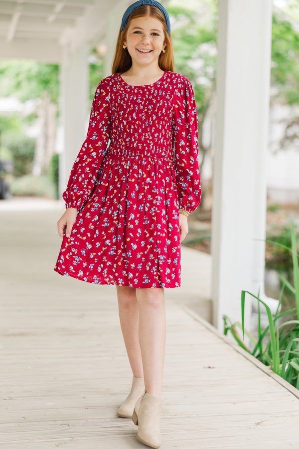 Girls: Getting Close Burgundy Red Ditsy Floral Dress