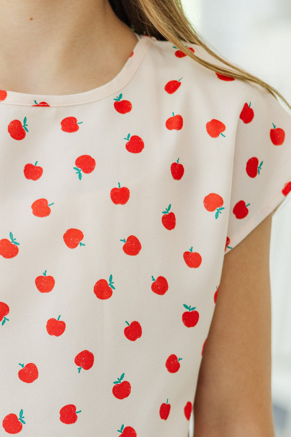 Girls: Hello Beautiful Apple Print Cap Sleeve Blouse