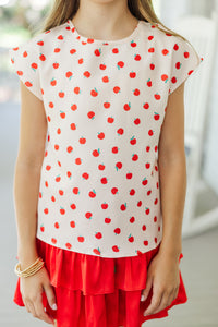 Girls: Hello Beautiful Apple Print Cap Sleeve Blouse