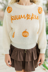 Girls: Hey Pumpkin Oatmeal White Script Sweater