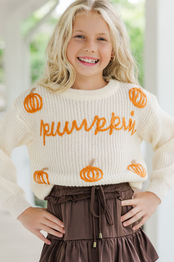 Girls: Hey Pumpkin Oatmeal White Script Sweater