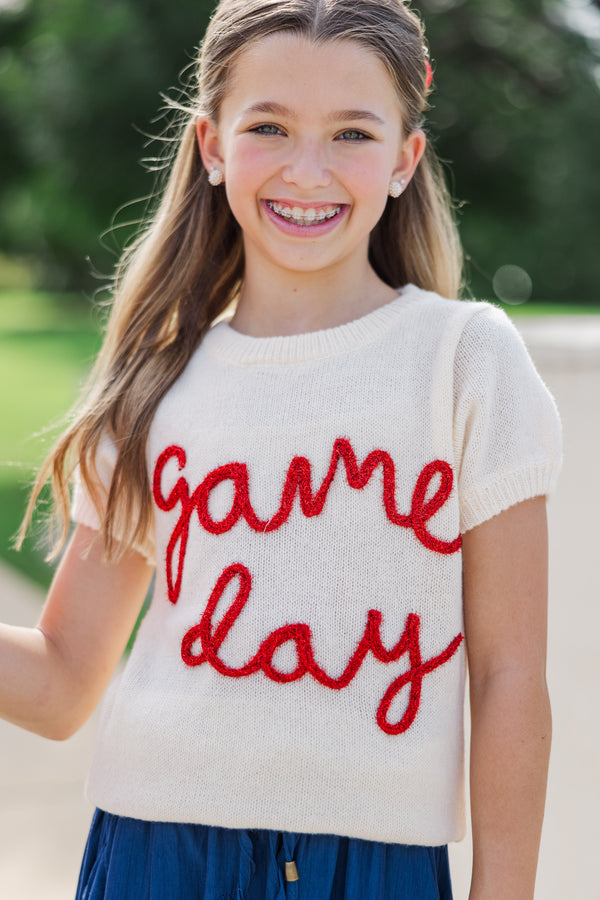 Girls: It's Game Day Ivory/Red Puff Sleeve Sweater