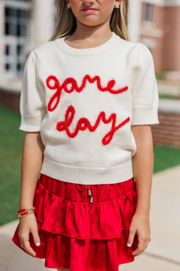 Girls: It's Game Day Ivory/Red Puff Sleeve Sweater