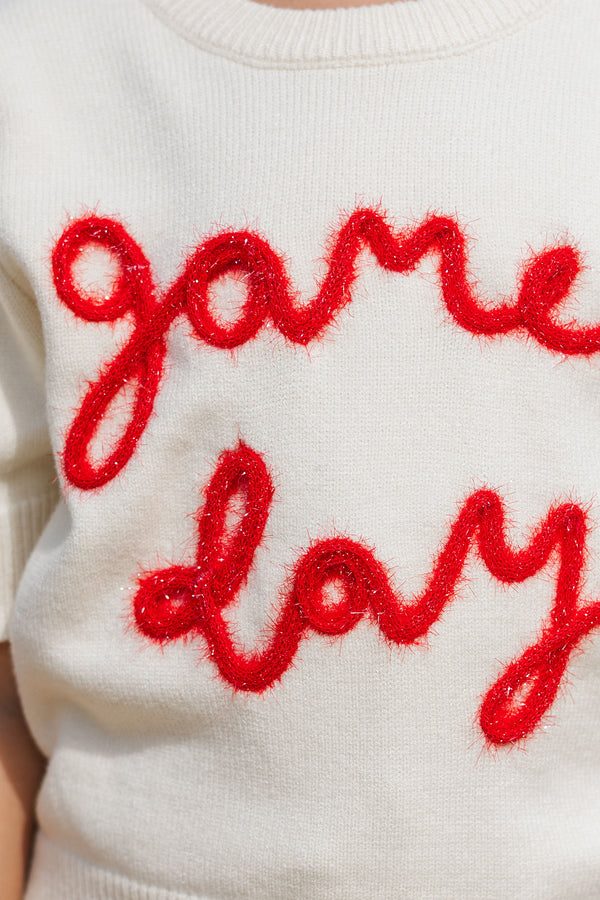 Girls: It's Game Day Ivory/Red Puff Sleeve Sweater