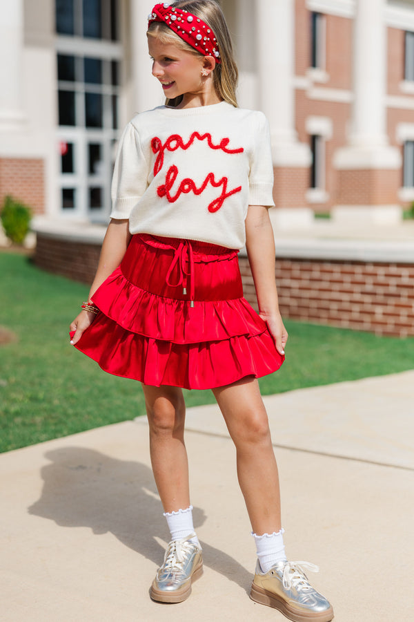 Girls: It's Game Day Ivory/Red Puff Sleeve Sweater