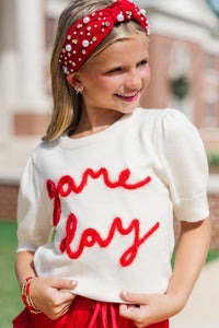 Girls: It's Game Day Ivory/Red Puff Sleeve Sweater