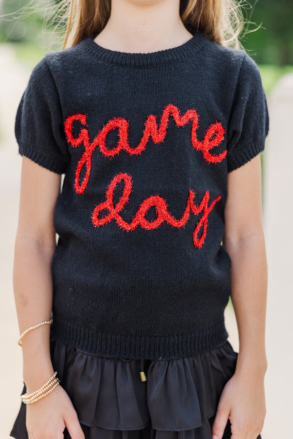 Girls: It's Game Day Black/Red Puff Sleeve Sweater