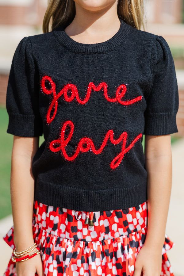Girls: It's Game Day Black/Red Puff Sleeve Sweater