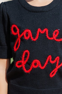 Girls: It's Game Day Black/Red Puff Sleeve Sweater