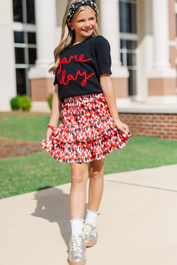 Girls: It's Game Day Black/Red Puff Sleeve Sweater